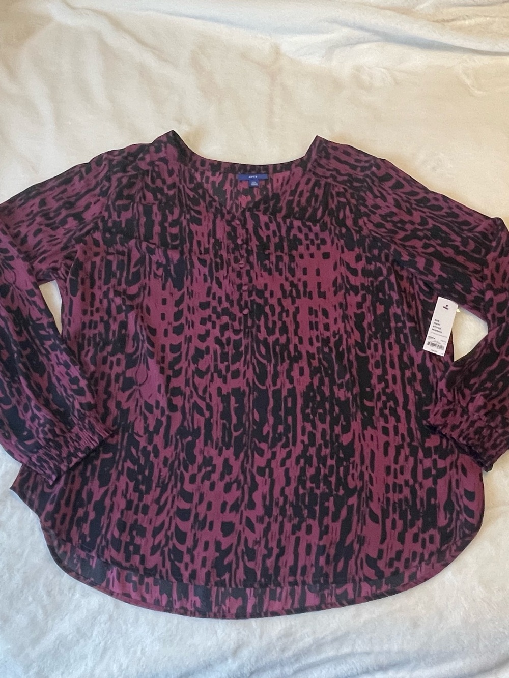 Apt. 9 Plum and Black Abstract Print Long-Sleeve Blouse